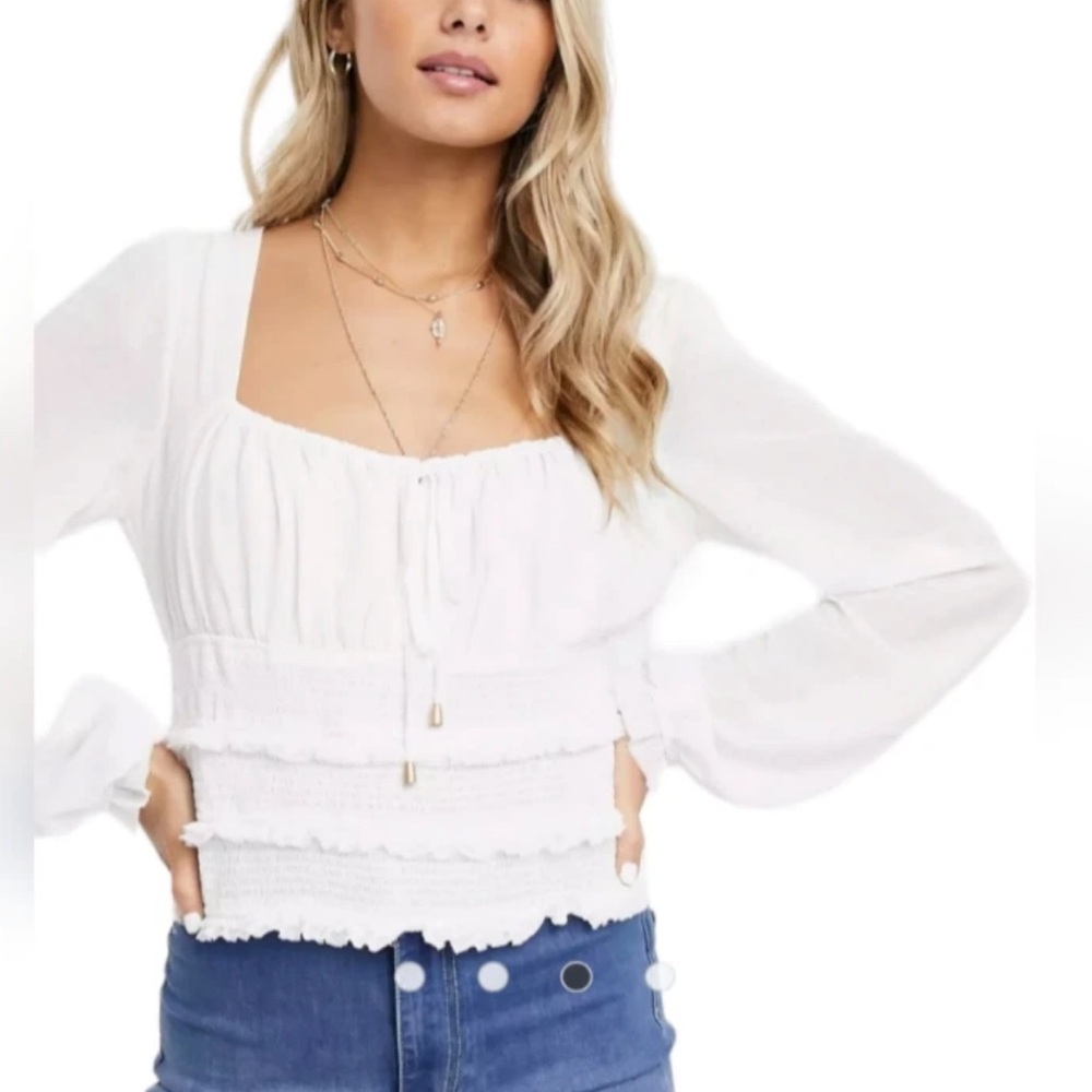 Free People Lolita White Gauzy Cropped Peasant Blouse Square Neck Long Sleeve XS